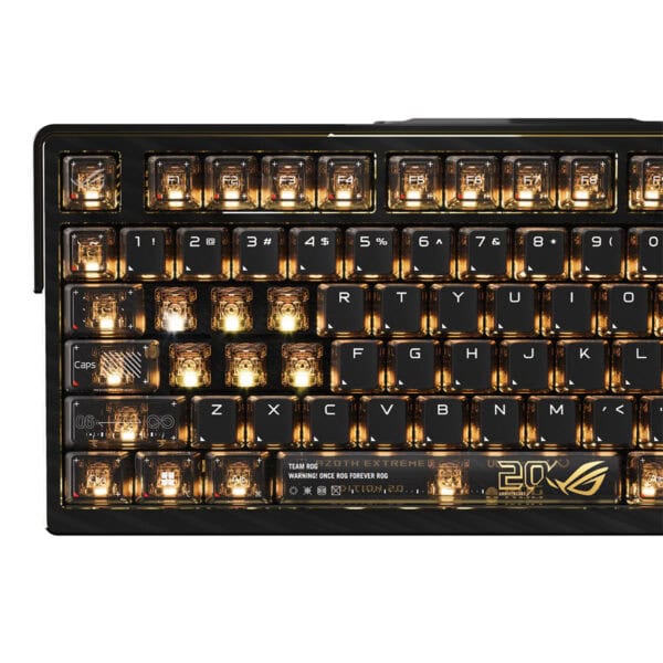 ASUS ROG Azoth Extreme Edition 20. Yıl klavye, RGB aydınlatmalı, mekanik switch, hotswap özellikli, kablosuz ve Türkçe düzenli gaming klavye.