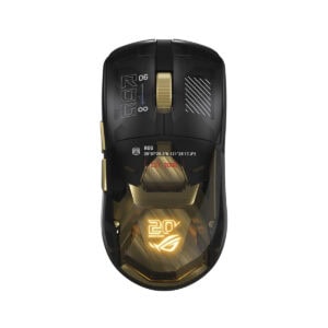 ASUS ROG Harpe II Extreme Edition 20. Yıl 8K Hz Kablosuz Gaming Mouse, siyah ve altın detaylar, yüksek performanslı oyun mouse'u.