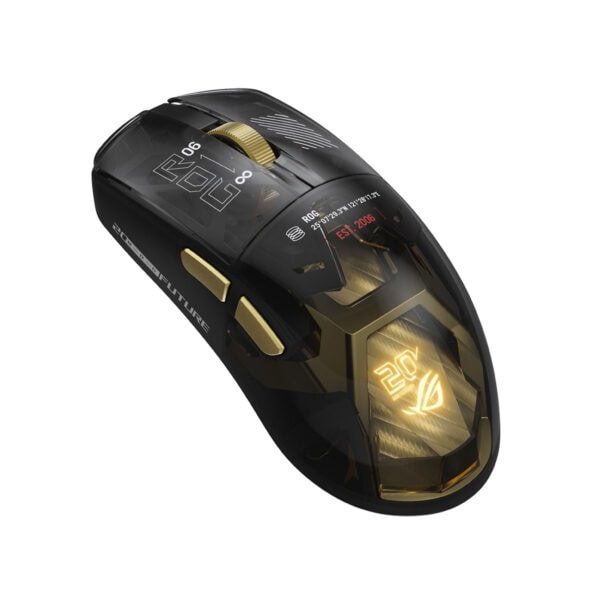ASUS ROG Harpe II Extreme Edition 20. Yıl 8K Hz Kablosuz Gaming Mouse, şık ve yüksek performanslı oyun mouse'u, LED aydınlatmalı tasarım ve gelişmiş özellikler.