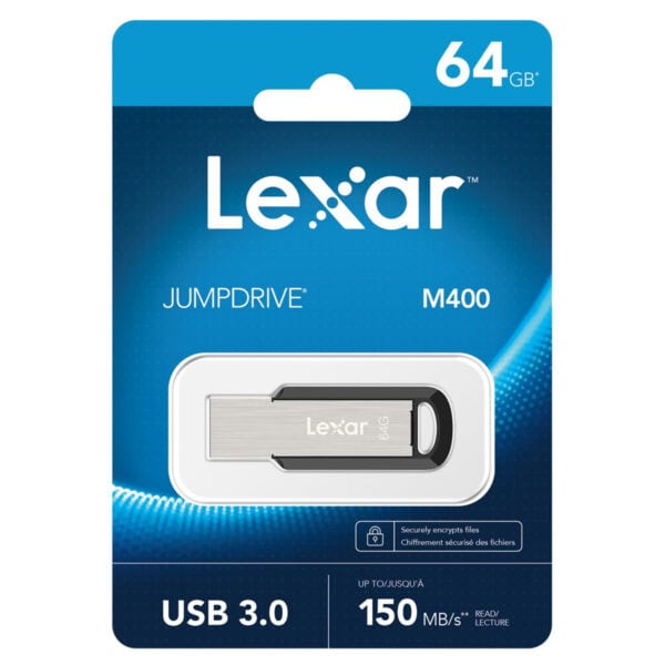 Lexar JumpDrive M400 64GB USB 3.0 bellek, şık tasarım ve yüksek hız ile veri aktarımı sağlar.