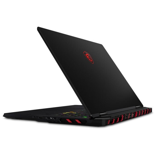 MSI RAIDER 18 MAX HX oyun dizüstü bilgisayarı açık konumda, siyah renkli, RGB klavye ve güçlü donanım özellikleriyle dikkat çekiyor.
