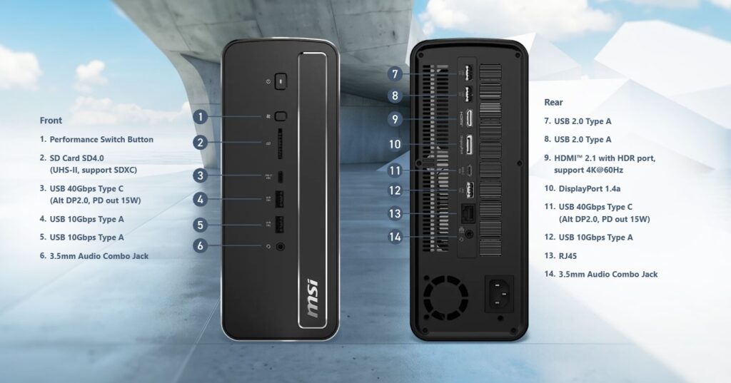 MSI gaming router'ın ön ve arka görünümü, çeşitli bağlantı portları ve özellikleri detaylı şekilde gösteriliyor.