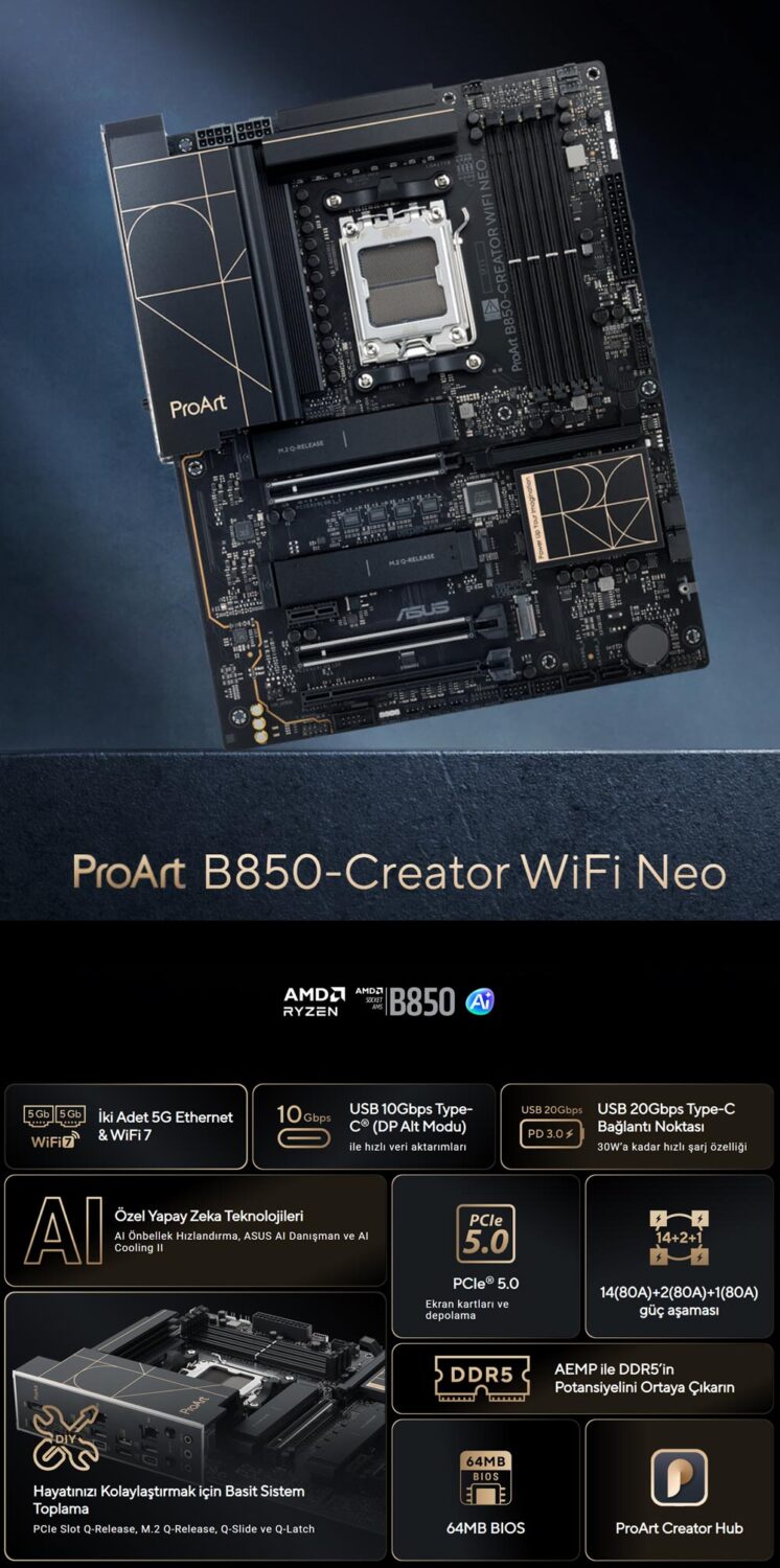 PROART B850-CREATOR WIFI NEO ASUS ProArt B850-CREATOR WIFI NEO 9000 MHz (OC) DDR5 AM5 Soket M.2 HDMI DP ATX Anakart h2