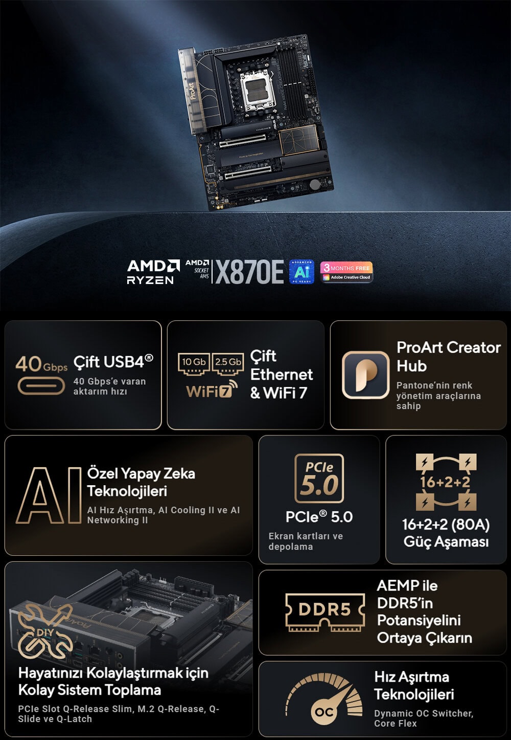ProArt X870E-CREATOR WIFI ASUS ProArt X870E-Creator WiFi DDR5 Soket AM5 M.2 HDMI ATX Anakart h1