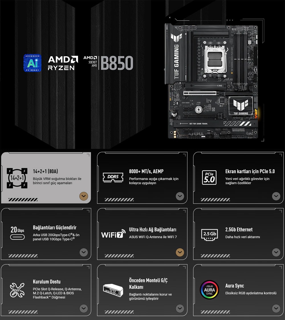 ASUS TUF Gaming B850-PLUS WiFi 8000MHz (OC) DDR5 Soket AM5 M.2 HDMI DP ATX Anakart h2