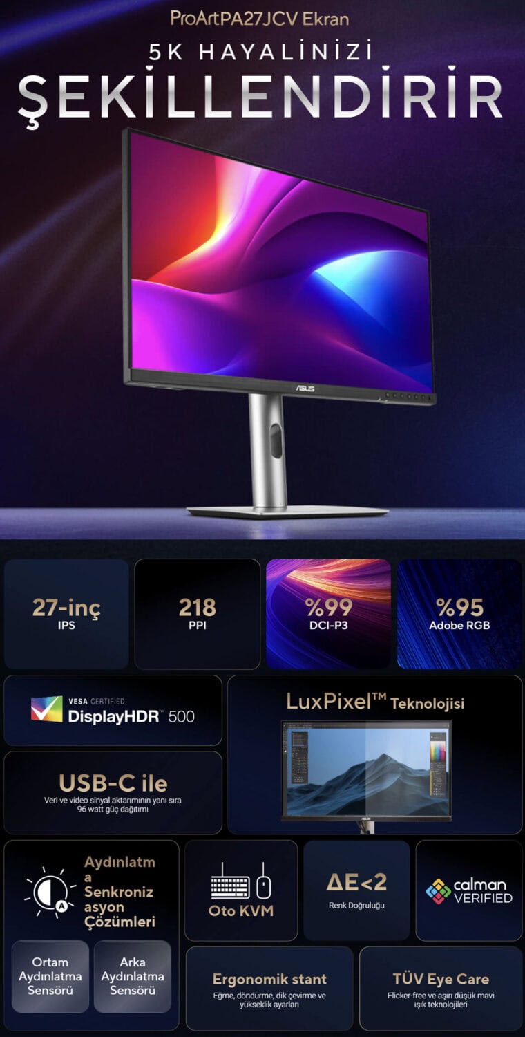 ProArt Display PA27JCV ASUS ProArt PA27JCV 27 inç 60Hz 5ms 5K Full HD Adaptive Sync IPS Monitör h2