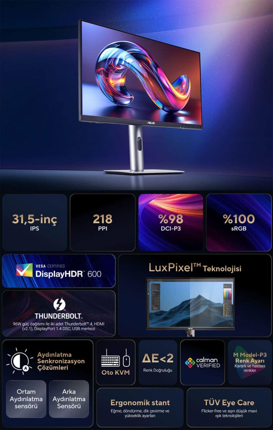 ASUS ProArt PA32QCV 31.5 inç 60Hz 5ms 6K UHD Adaptive Sync IPS Pivot Monitör h2