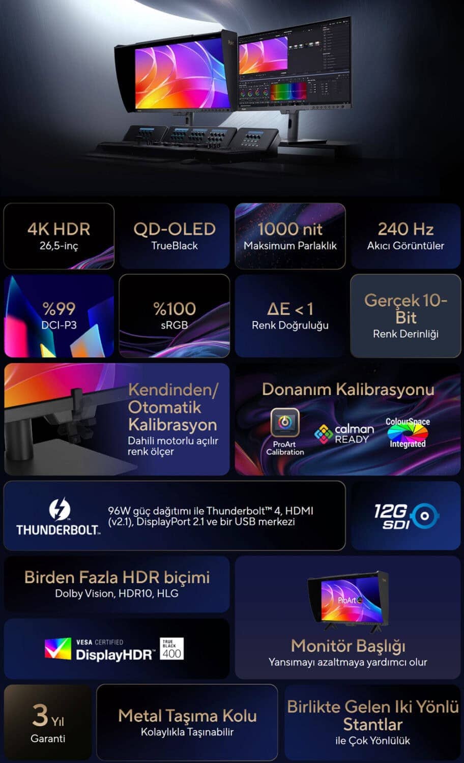 ASUS ProArt Display OLED PA27USD 26.5 inç 240Hz 0.1ms 4k UHD Adaptive Sync QD-OLED Pivot Monitör h2