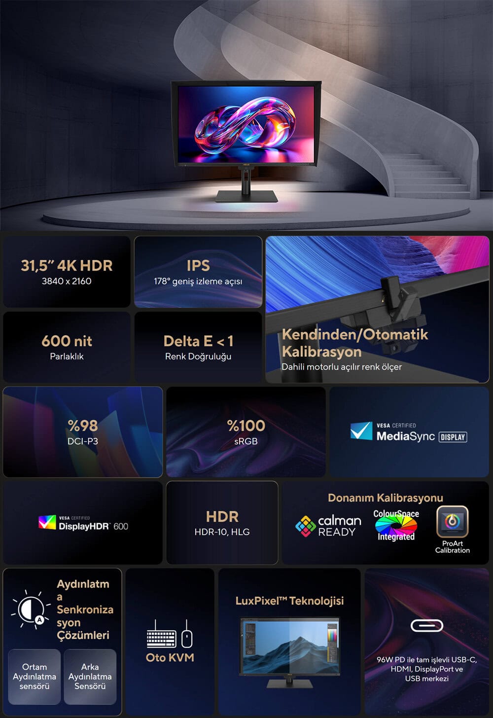 ASUS ProArt PA32UCE 31.5 inç 60Hz 5ms 4K UHD Adaptive Sync IPS Pivot Monitör h2