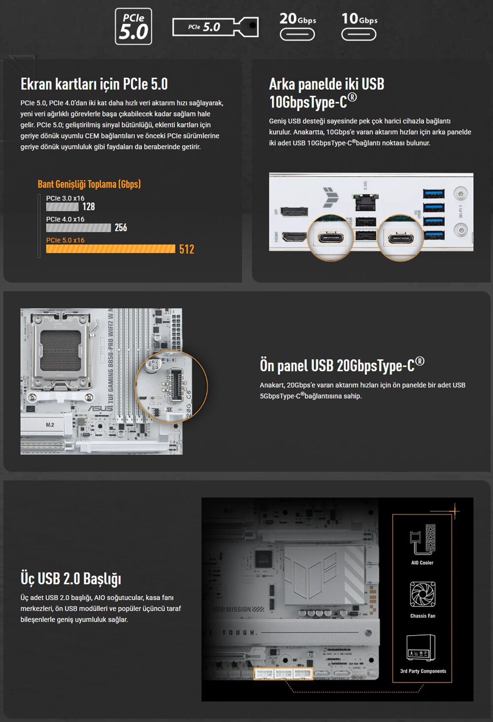 TUF GAMING B850-PRO WIFI7 W NEO ASUS TUF GAMING B850-PRO WIFI7 W NEO 9000MHz (OC) DDR5 Soket AM5 M.2 HDMI DP ATX Anakart h13