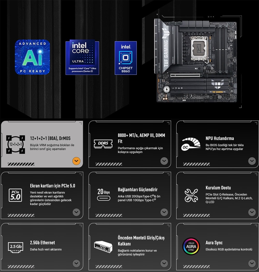 TUF GAMING B860M-PLUS asus-tuf-gaming-b860m-plus-8800mhz-oc-ddr5-soket-lga1851-m-2-hdmi-dp-matx-anakart