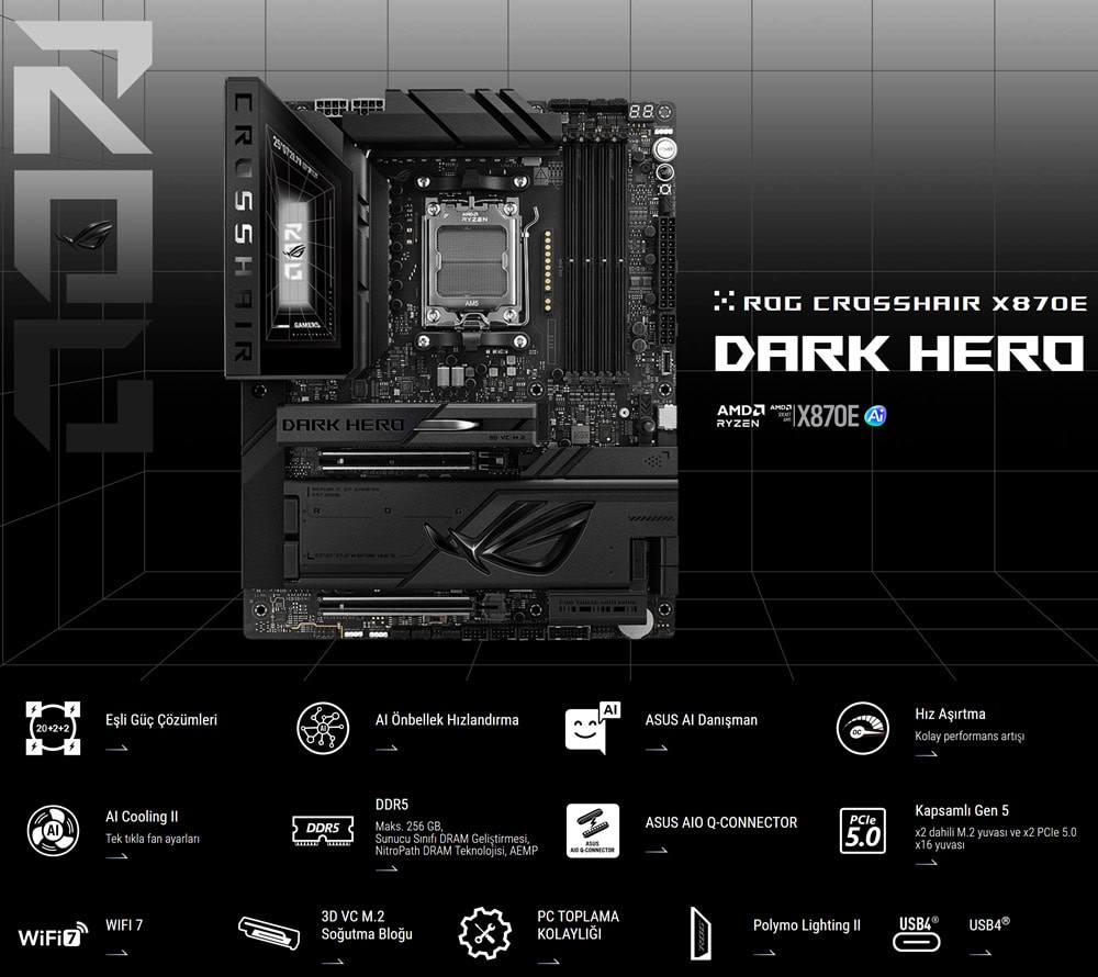 ROG CROSSHAIR X870E DARK HERO asus-rog-crosshair-x870e-dark-hero-9600mhz-oc-ddr5-soket-am5-m-2-hdmi-usb4-atx-anakart