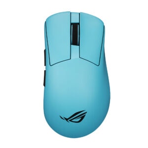 Aqua mavi renkli ASUS ROG Gladius IV gaming kablosuz mouse, ergonomik tasarım ve yüksek hassasiyetli sensör ile dikkat çekiyor.