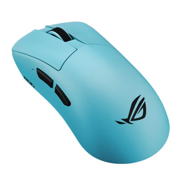 Aqua mavi renkli ASUS ROG Gladius IV oyun faresi, kablosuz ve yüksek hassasiyetli sensör ile tasarlanmış.