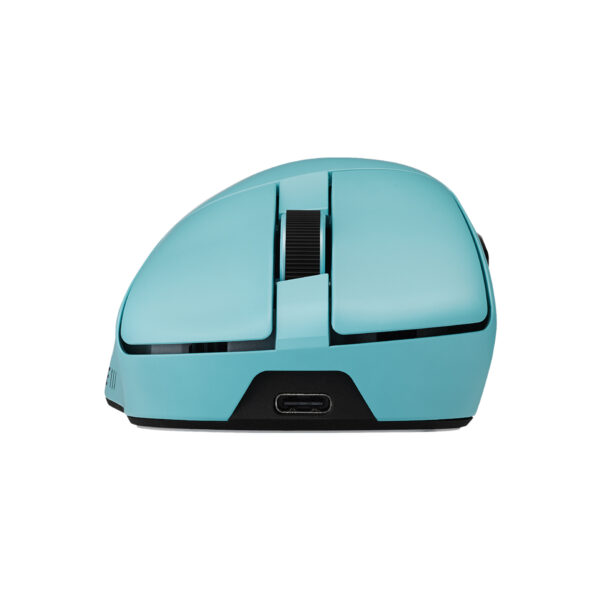 ASUS ROG Gladius IV Ace Aqua Blue kablosuz oyun faresi, ergonomik tasarım ve yüksek hassasiyetli sensör ile dikkat çekiyor.