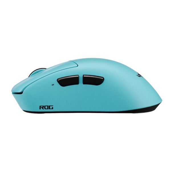 Aqua mavi renkli ASUS ROG Gladius IV Ace kablosuz oyun faresi, ergonomik tasarım ve yüksek hassasiyetli sensör ile dikkat çekiyor.