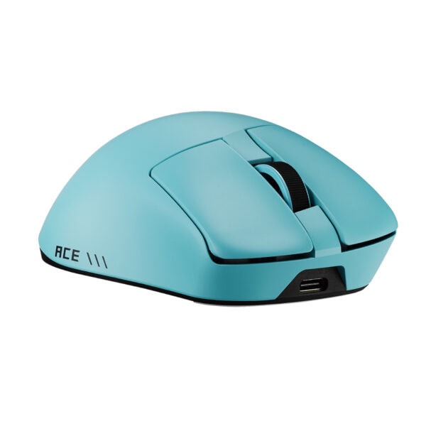 Aqua mavi renkli ASUS ROG Gladius IV Ace kablosuz gaming mouse, ergonomik tasarım ve yüksek hassasiyetli sensör ile dikkat çekiyor.