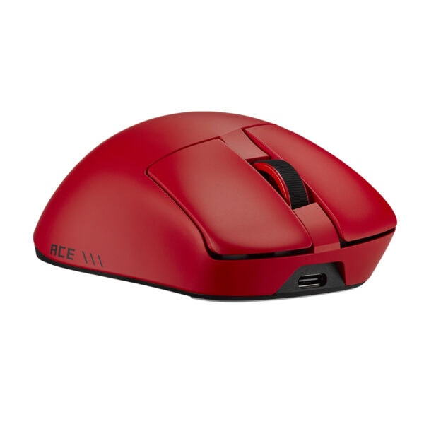 Lava kırmızı renkli ASUS ROG Gladius IV Ace kablosuz oyun faresi, ergonomik tasarım ve yüksek hassasiyetli sensör ile dikkat çekiyor.