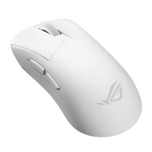 Beyaz ASUS ROG Gladius IV Ace kablosuz oyun faresi, ergonomik tasarım ve yüksek hassasiyetli sensör ile dikkat çekiyor.