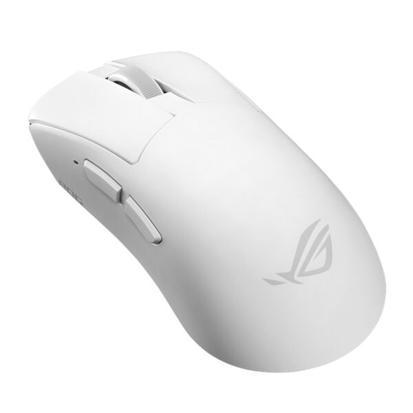 Beyaz ASUS ROG Gladius IV Ace kablosuz oyun faresi, ergonomik tasarım ve yüksek hassasiyetli sensör ile dikkat çekiyor.