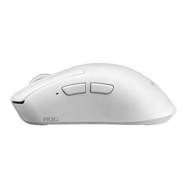Moonlight White renkli ASUS ROG Gladius IV Ace kablosuz oyun faresi, ergonomik tasarım ve yüksek hassasiyetli sensör ile dikkat çekiyor.