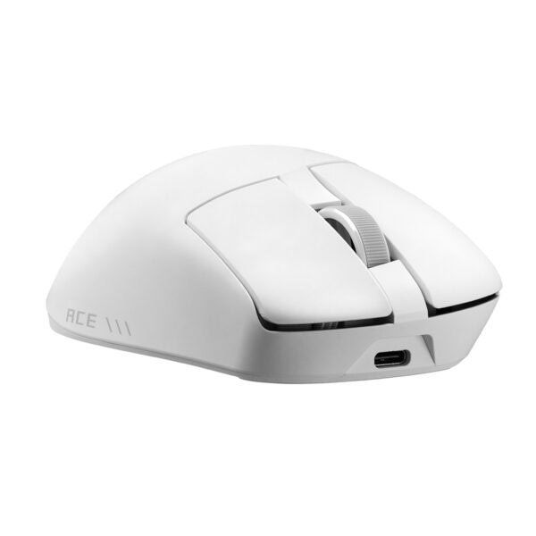 Moonlight White renkli ASUS ROG Gladius IV Ace kablosuz oyun faresi, 8K Hz Aimpoint Pro sensör ve 65K DPI ile yüksek hassasiyet sağlar.