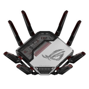 ASUS ROG Rapture GT-BN98 oyun odaklı yüksek performanslı WiFi yönlendirici, 8 AiMesh bağlantı noktası ve gelişmiş tasarım özellikleriyle dikkat çekiyor.
