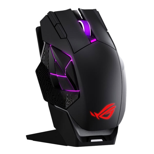 ASUS ROG Spatha X 65K kablosuz oyun faresi, RGB aydınlatmalı, ergonomik tasarım ve yüksek hassasiyetli sensör ile dikkat çekiyor.