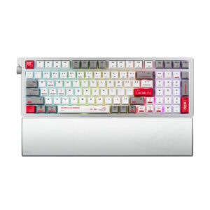 ASUS ROG Strix Morph 96 kablosuz mekanik gaming klavye, RGB aydınlatmalı, hotswap switch özellikleriyle öne çıkan beyaz renkli tasarım.