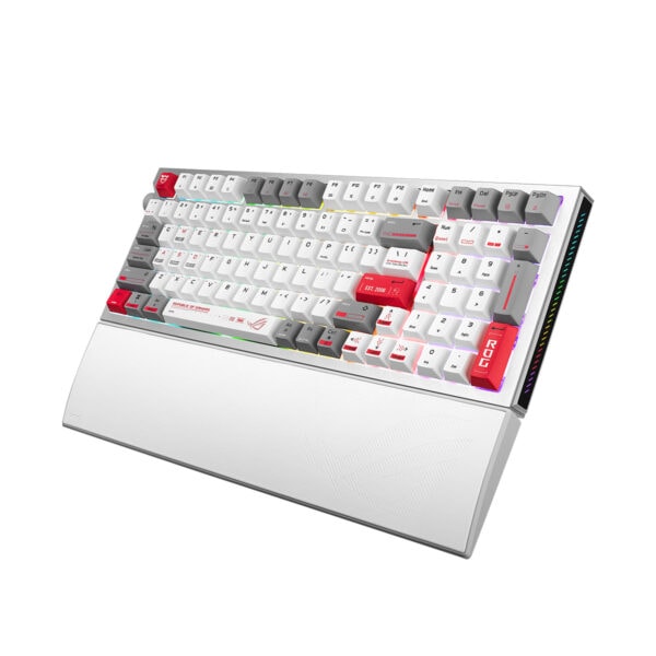 Beyaz ASUS ROG Strix Morph 96 kablosuz gaming klavye, RGB aydınlatmalı ve hotswap switch özellikleriyle dikkat çekiyor.