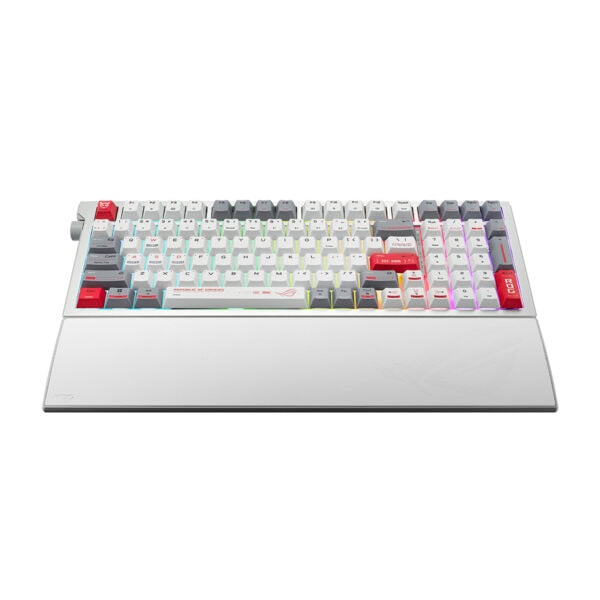Renkli RGB aydınlatmalı kablosuz mekanik gaming klavye, ASUS ROG Strix Morph 96 modeli, beyaz renkli ve hot-swap özellikli.