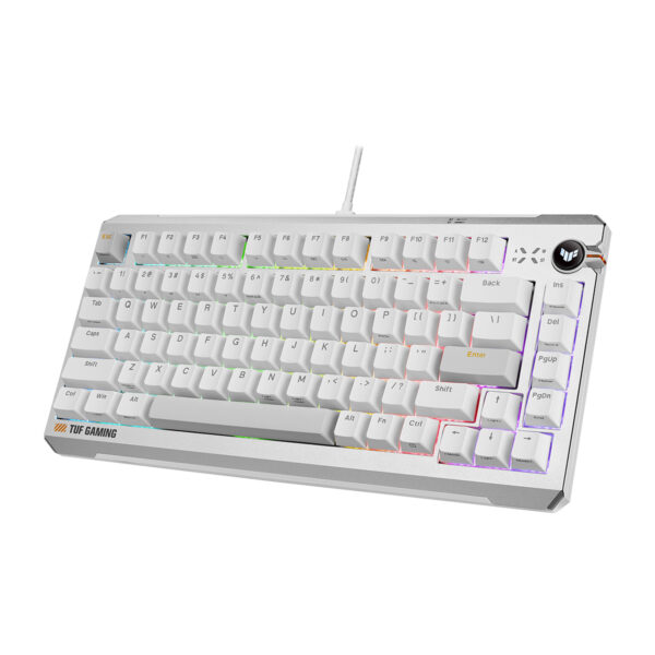 ASUS TUF Gaming K4 Beyaz Manyetik Switch RGB Gaming Klavye, RGB aydınlatmalı, Hall Effect teknolojisi ve Hotswap özellikleriyle öne çıkan oyun klavyesi.