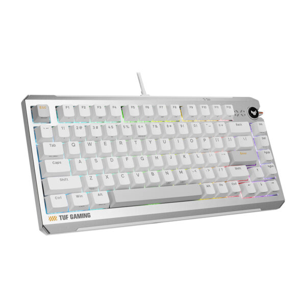 ASUS TUF Gaming K4 Beyaz Manyetik RGB Gaming Klavye, Hall Effect sensörleri ve Hotswap özellikleriyle yüksek performans sağlar.