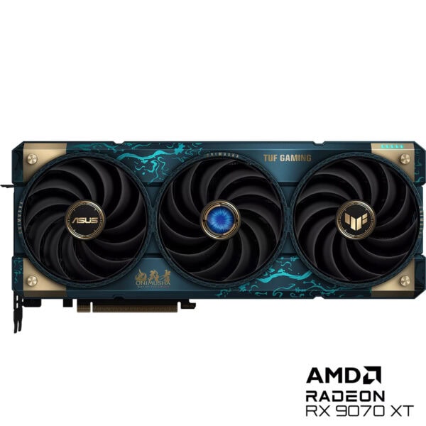 ASUS TUF Gaming Radeon RX 9070 XT ekran kartı, üç fanlı tasarımı ve Onimusha temasıyla dikkat çekiyor.