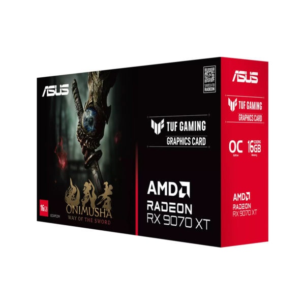 ASUS TUF Gaming Radeon RX 9070 XT ekran kartı kutusu, Onimusha Way of the Sword temasıyla tasarlanmış, 16GB GDDR6 belleğe sahip yüksek performanslı grafik kartı.