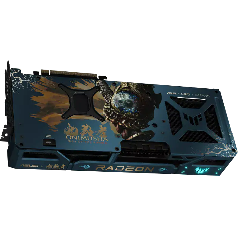 ASUS Radeon RX 9070 XT Onimusha Special Edition ekran kartı, Onimusha temasıyla tasarlanmış, detaylı ve şık görünümlü oyun donanımı.