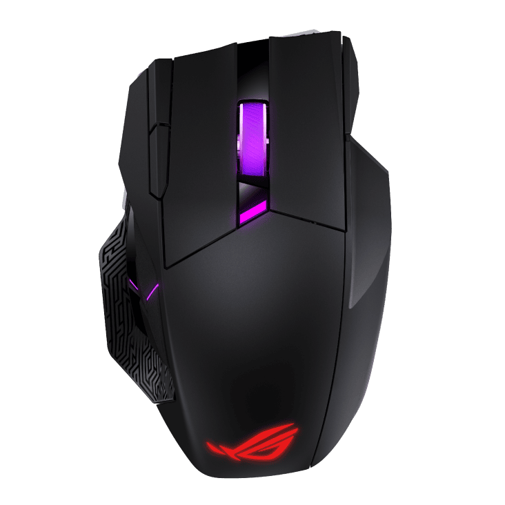 ROG markalı oyun faresi, siyah renkli ve RGB aydınlatmalı, yüksek hassasiyetli ve ergonomik tasarımıyla oyun tutkunlarına özel.