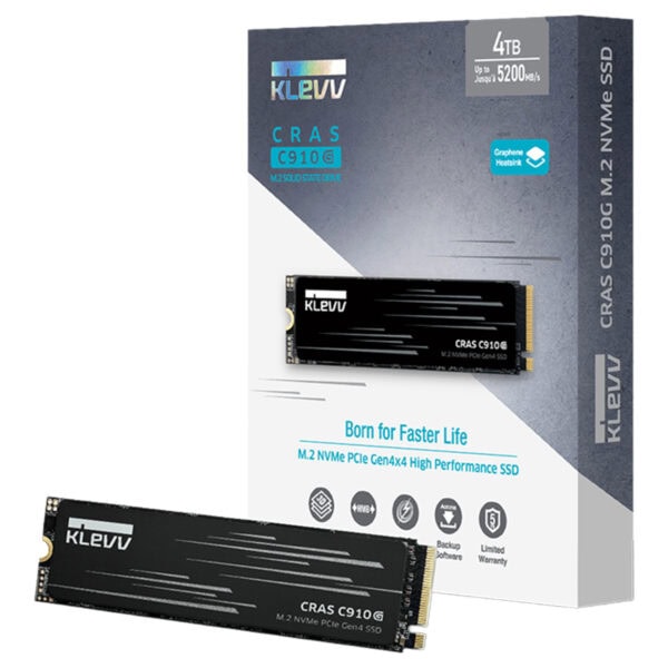 KLEVV CRAS 910G 1TB NVMe PCIe Gen4 SSD, yüksek performanslı M.2 SSD, 5000MB okuma ve 4800MB yazma hızlarıyla hızlı veri aktarımı sağlar.