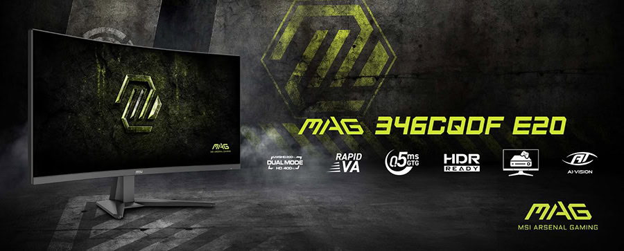 MSI MAG 346CQDF E20 34 inç 400Hz HD ve UWQHD Dual-Mode kavisli gaming monitör, 0.5ms tepki süresi, FreeSync Premium, Rapid VA panel, yüksek performanslı oyun deneyimi için.