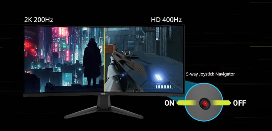 MSI MAG 346CQDF E20 34 inç kavisli gaming monitör, 400Hz ve 200Hz yenileme hızlarıyla yüksek performans sağlar.