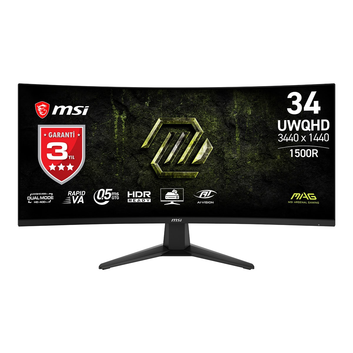 MSI MAG 346CQDF E20 34 inç 400Hz UHD Gaming Monitör, kavisli, UWQHD çözünürlük, 0.5ms tepki süresi, FreeSync Premium, Rapid VA panel.
