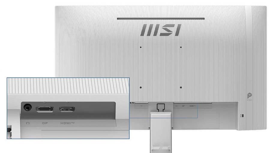 MSI PRO MP243W E14 23.8 inç Full HD IPS monitör, beyaz renkli, arka bağlantı portları ve şık tasarım.