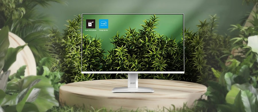 MSI PRO MP243W 23.8 inç Full HD IPS monitör, yeşil bitki arka planında, modern tasarım ve yüksek çözünürlük ile dikkat çekiyor.