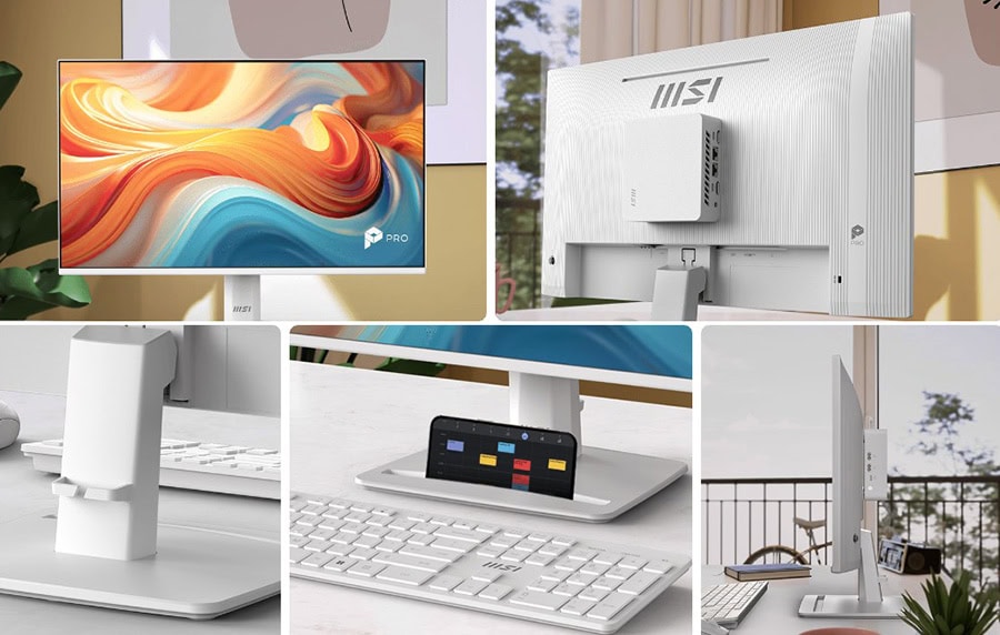MSI PRO MP243W 23.8 inç Full HD IPS monitör, masaüstü bilgisayar ve ofis aksesuarlarıyla birlikte gösteriliyor.