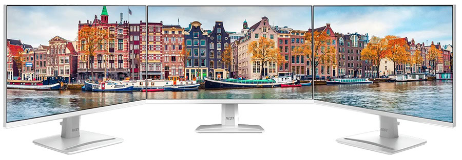 İki adet MSI PRO MP243W E14 23.8 inç 144Hz Full HD IPS monitör, geniş ekran ve yüksek yenileme hızıyla ofis ve oyun kullanımı için ideal.