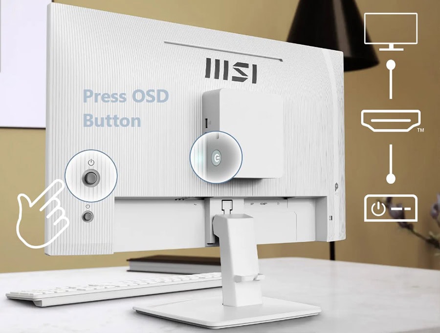 MSI PRO MP243W E14 23.8 inç monitör arka paneli ve bağlantı noktaları, özellikle HDMI ve güç bağlantısı detayları.