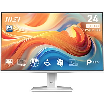 MSI PRO MP243W E14 23.8 inç 144Hz Full HD IPS Beyaz Monitör, yüksek çözünürlük ve hızlı yenileme hızıyla oyun ve ofis kullanımı için ideal.