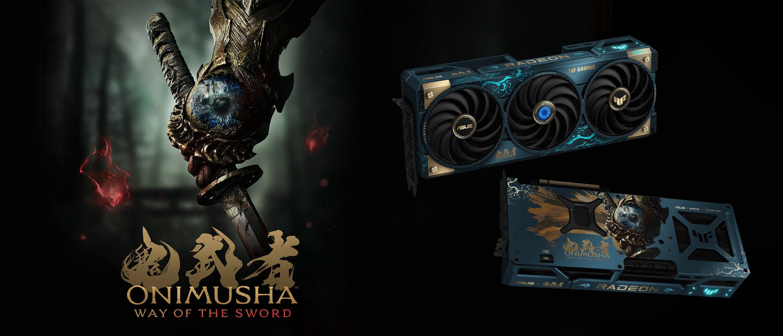 Onimusha temalı ASUS ve CAPCOM iş birliğiyle özel tasarım TUF Gaming RX 9070 XT ekran kartı ve anakart, karanlık ve mistik arka plan.