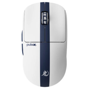 Pulsar X2 Crazylight Bruce Lee 85th Edition kablosuz gaming mouse, beyaz ve mavi renkli, ergonomik tasarım, yüksek hassasiyetli sensör, oyun performansı için ideal.