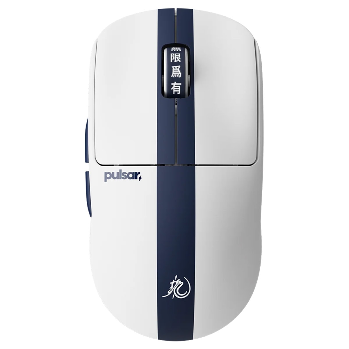 Pulsar X2 Crazylight Bruce Lee 85th Edition kablosuz gaming mouse, beyaz ve mavi renkli, ergonomik tasarım, yüksek hassasiyetli sensör, oyun performansı için ideal.